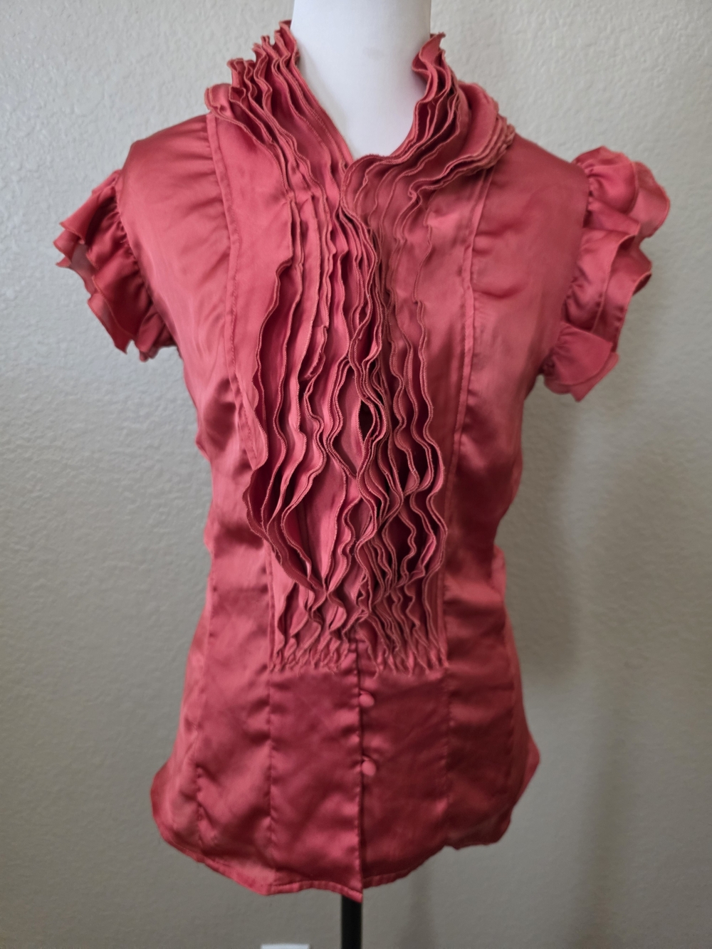 Lapis women’s y2k 2000s Ruffle Collar Sleeve Satin Like Blouse Sz XL Coral